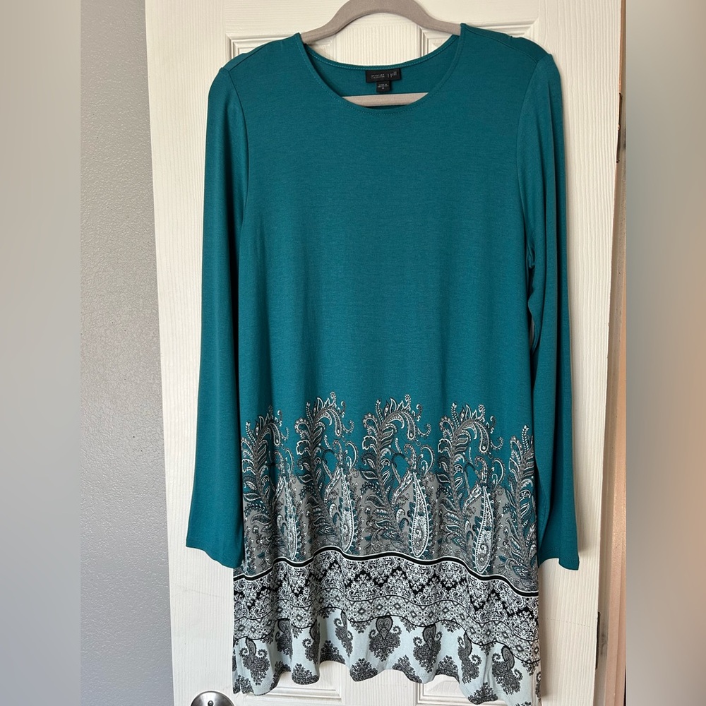 J. Jill 'WEAREVER COLLECTION' Teal Paisley Long Sleeve Business-Casual Dress M